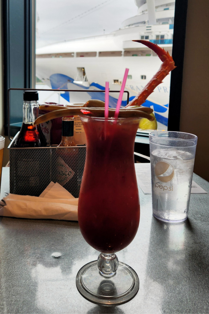 Crabby Bloody Mary topped with an Alaska king crab leg served at Alaska Crab Company in Ketchikan.