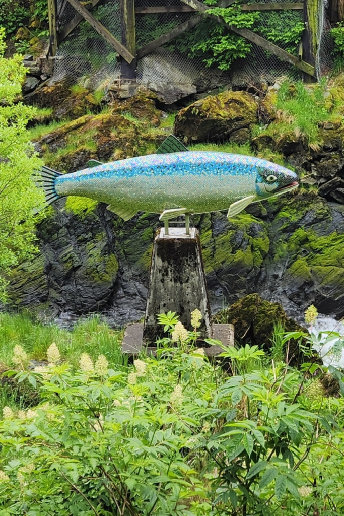 Decorative salmon sculpture near Creek Street in Ketchikan, Alaska.