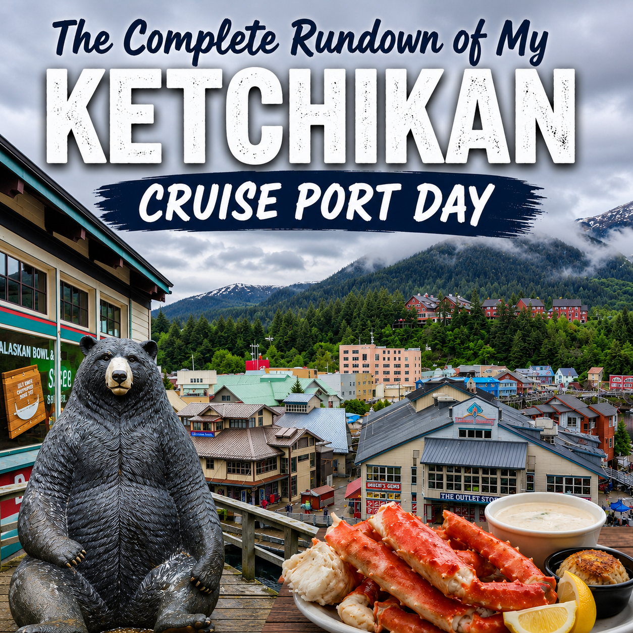 Ketchikan cruise port day collage featuring downtown views, bear statue, and Alaska king crab meal.