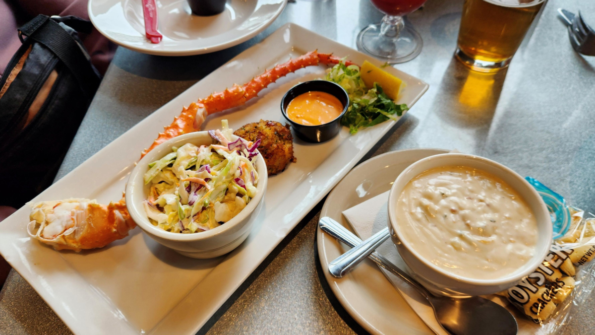 Alaska king crab leg meal with chowder served at Alaska Crab Company in Ketchikan.
