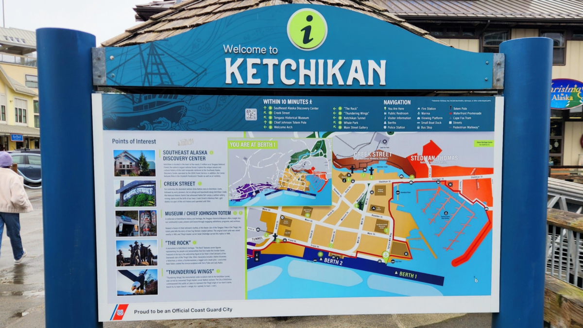 Visitor information map showing downtown Ketchikan attractions and cruise port locations.