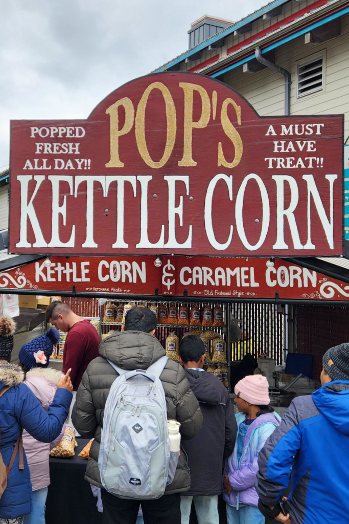 Pop's Kettle Corn stand in downtown Ketchikan serving fresh popcorn to cruise visitors.