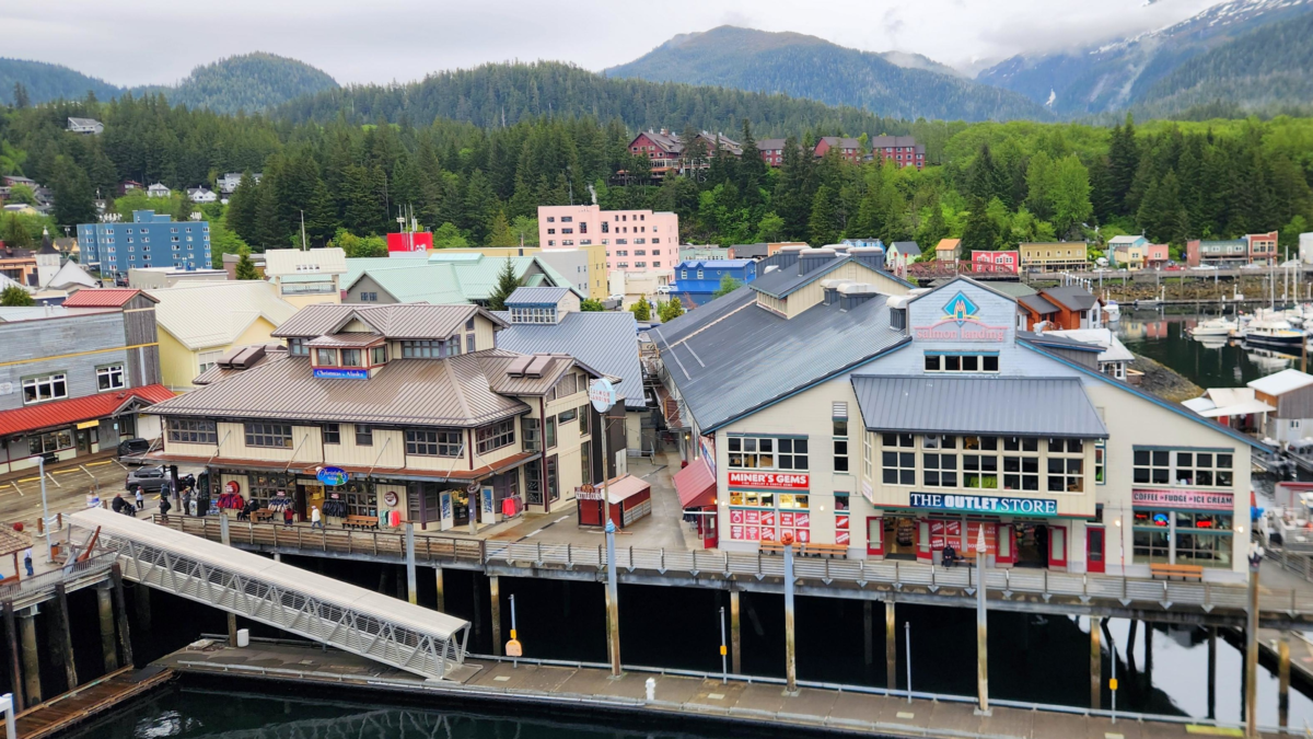 View of Salmon Landing Market and downtown Ketchikan from a Holland America cruise ship.