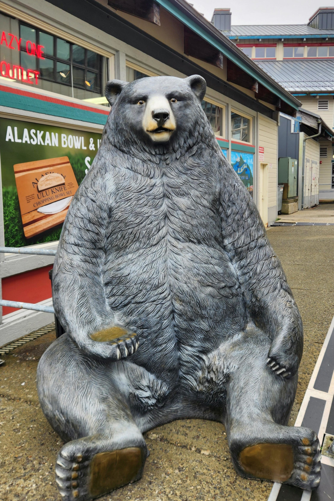 Large bear statue outside Salmon Landing Market in Ketchikan, Alaska.