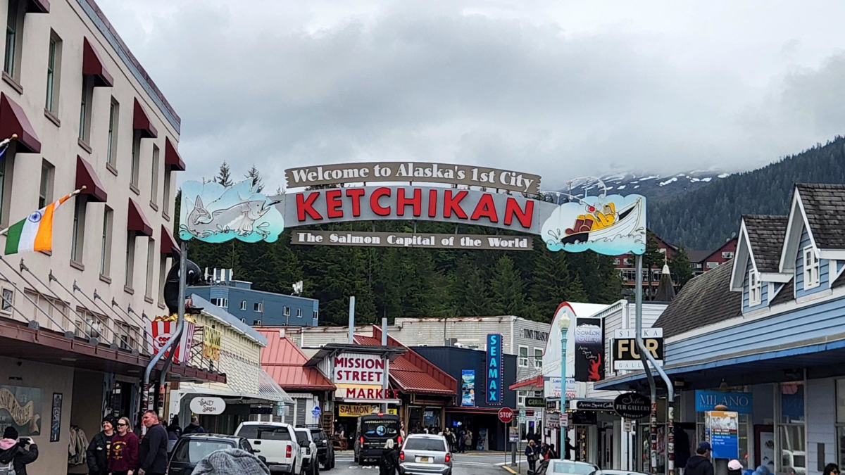 Welcome to Alaska's First City Ketchikan sign in downtown Ketchikan near the cruise port.