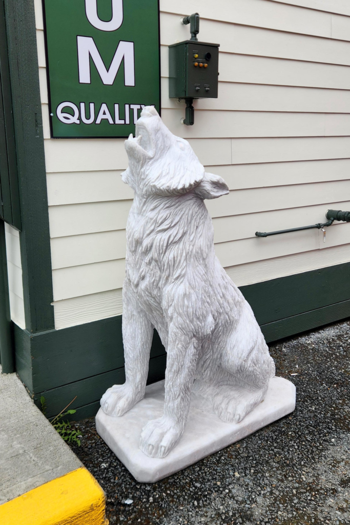 White wolf statue outside a gift shop in Ketchikan, Alaska near the cruise port.