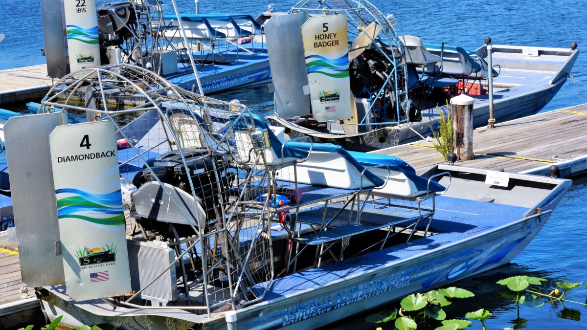 Airboats docked at Sawgrass Recreation Park near Fort Lauderdale