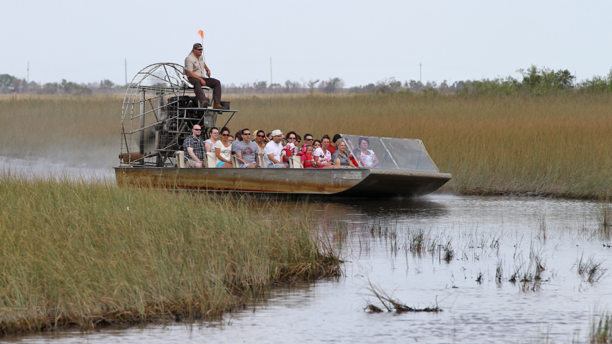 Everglades airboat tour carrying passengers through sawgrass wetlands in South Florida