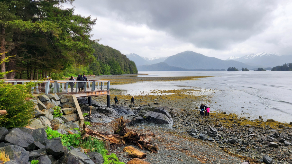 Waterfront boardwalk overlooking Sitka Sound at Sitka National Historical Park in Alaska.
