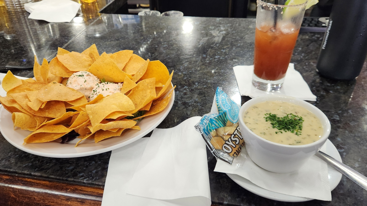 Seafood chowder and salmon dip with tortilla chips at Cold Water Bar & Grill in Sitka.