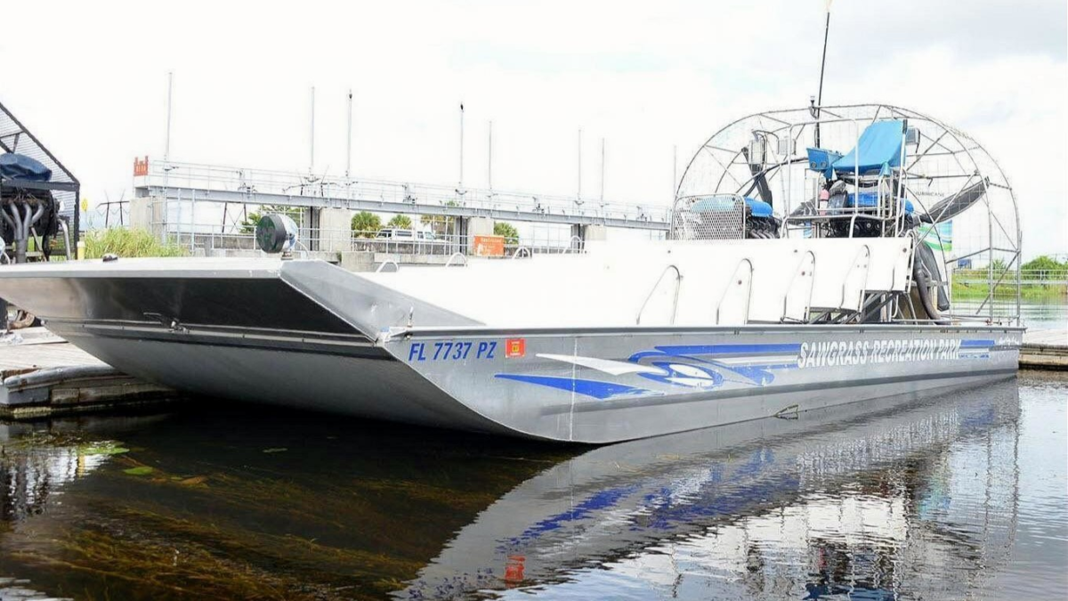 Airboat docked at Sawgrass Recreation Park near Fort Lauderdale