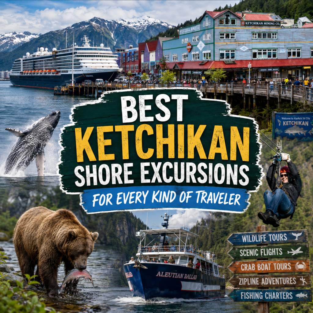 Best Ketchikan shore excursions collage featuring a cruise ship, whale watching, bear viewing, zipline adventure, crab boat tour, and scenic attractions in Ketchikan, Alaska. Ketchikan shore excursions