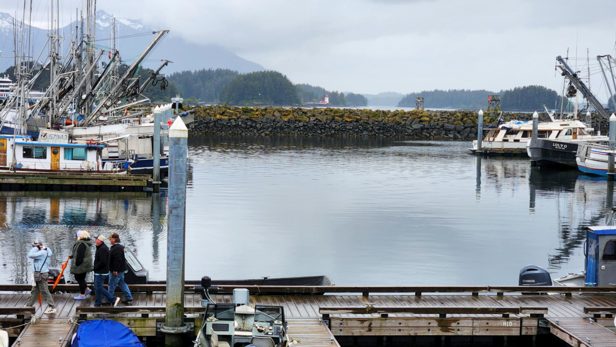 Fishing boats docked at a marina in Sitka, Alaska with mountains in the background.