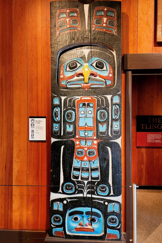 Mother Eagle totem carving displayed at Sitka National Historical Park Visitor Center