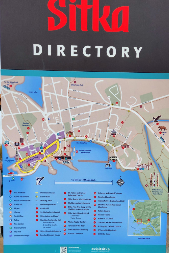 Sitka Alaska visitor directory map showing downtown attractions and walking routes