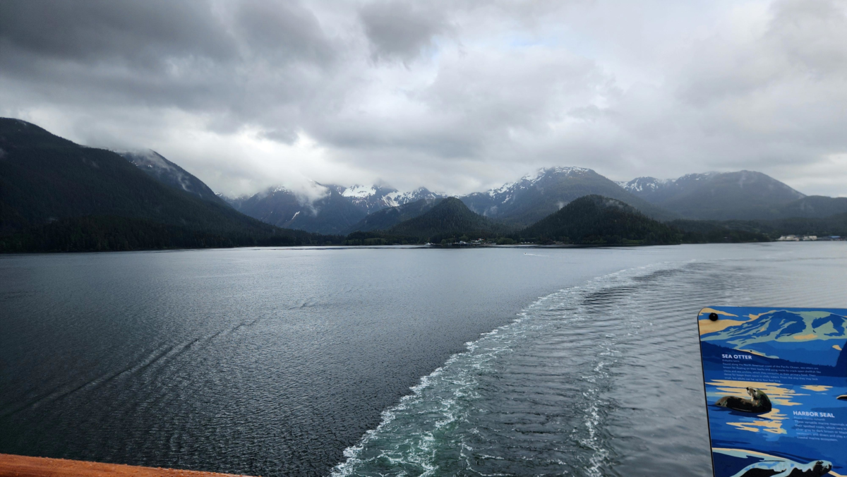 Mountains and Sitka Sound viewed from a departing cruise ship in Sitka Alaska
