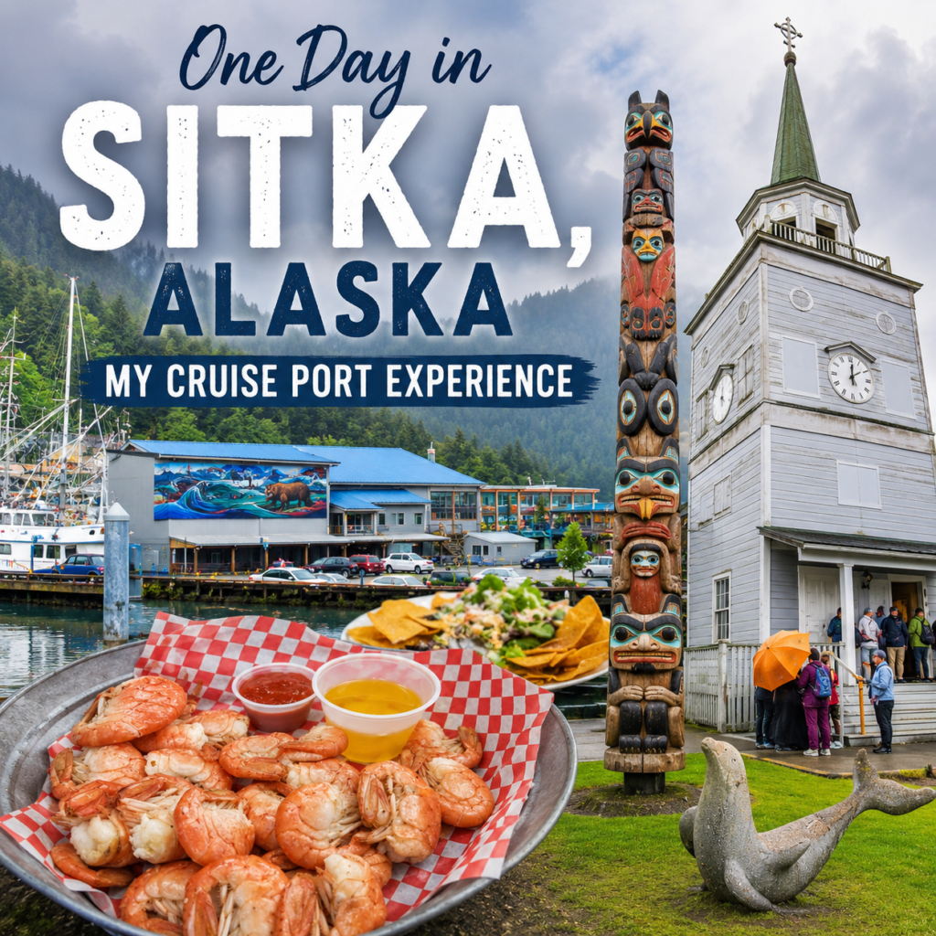 Sitka Alaska cruise port day featuring St. Michael’s Cathedral, totem poles, waterfront and local seafood