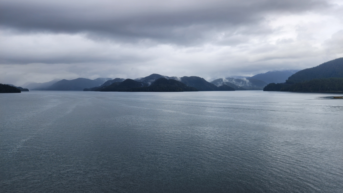Sitka Sound surrounded by misty forest-covered mountains in Southeast Alaska