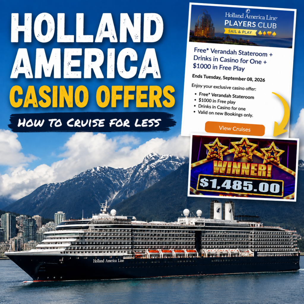 Holland America casino offers feature image with cruise ship, Players Club offer, and $1,485 slot win