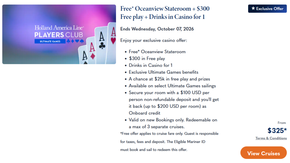 Holland America casino offer for a free oceanview stateroom, 0 free play, and casino drinks