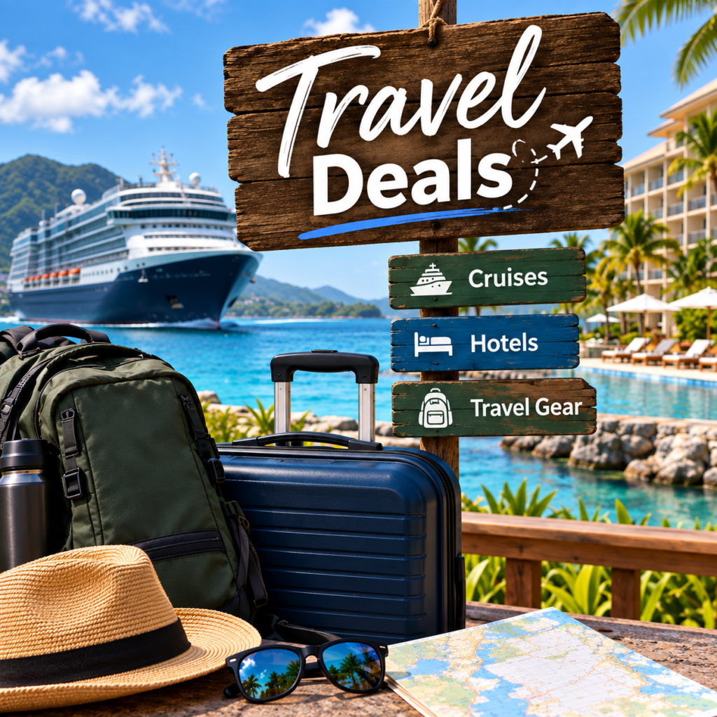 Travel deals feature image with cruise ship, resort hotel, luggage, backpack, and travel gear